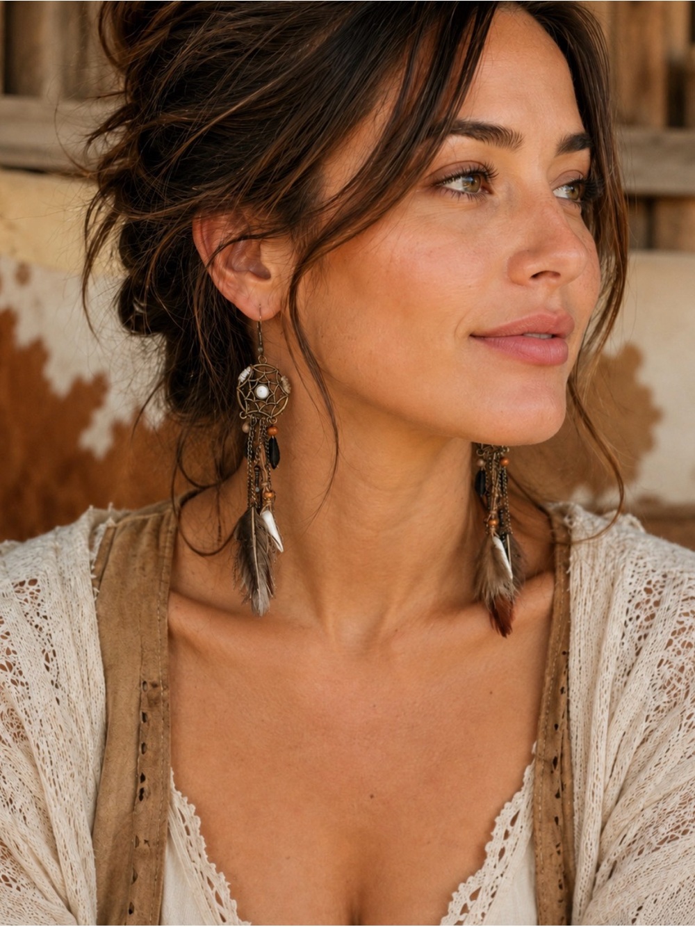 Boho Feather Drop Earrings in Brown and Cream